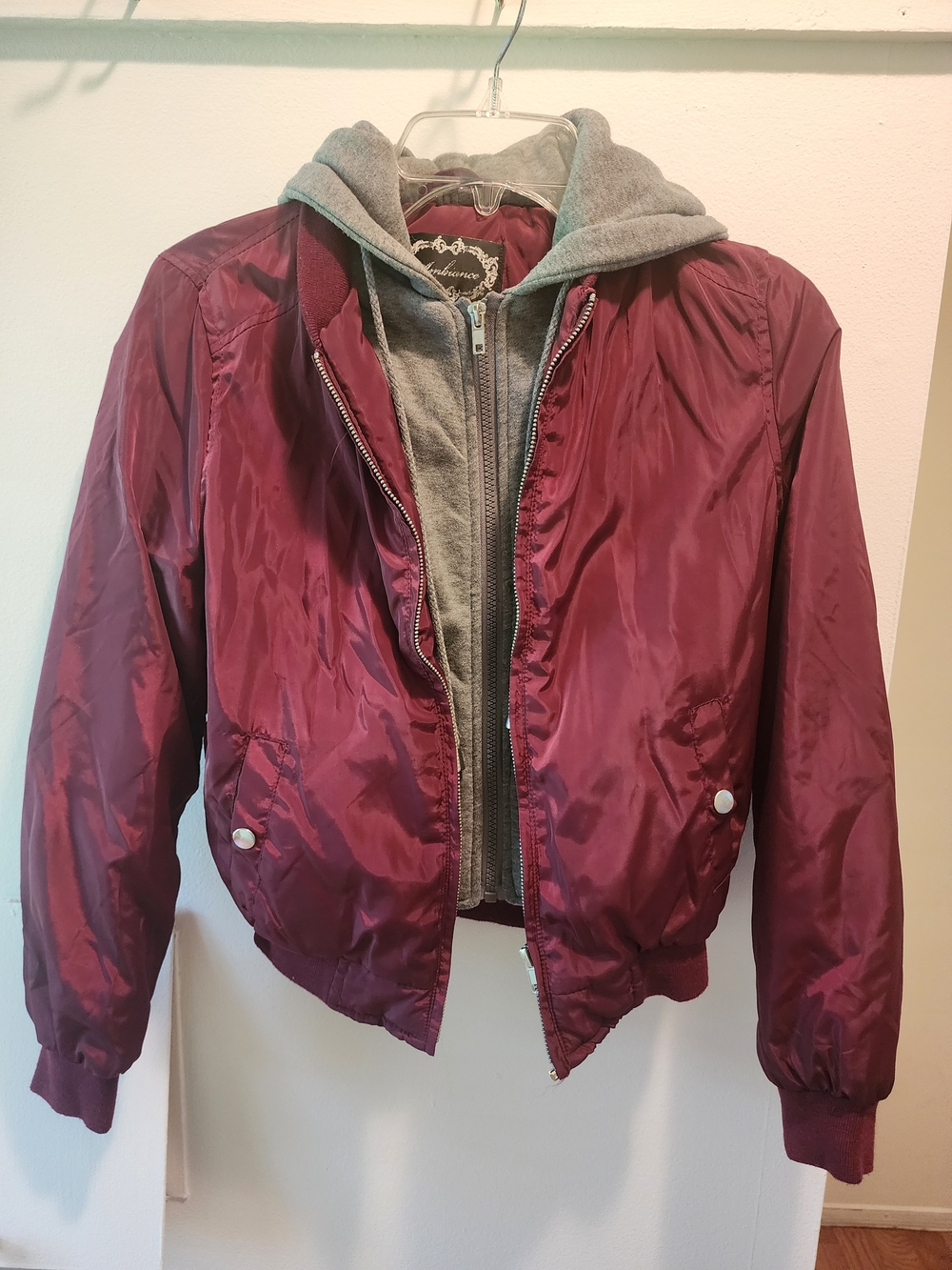 Ambiance Burgundy Puffer Jacket with Gray Hooded Layer
